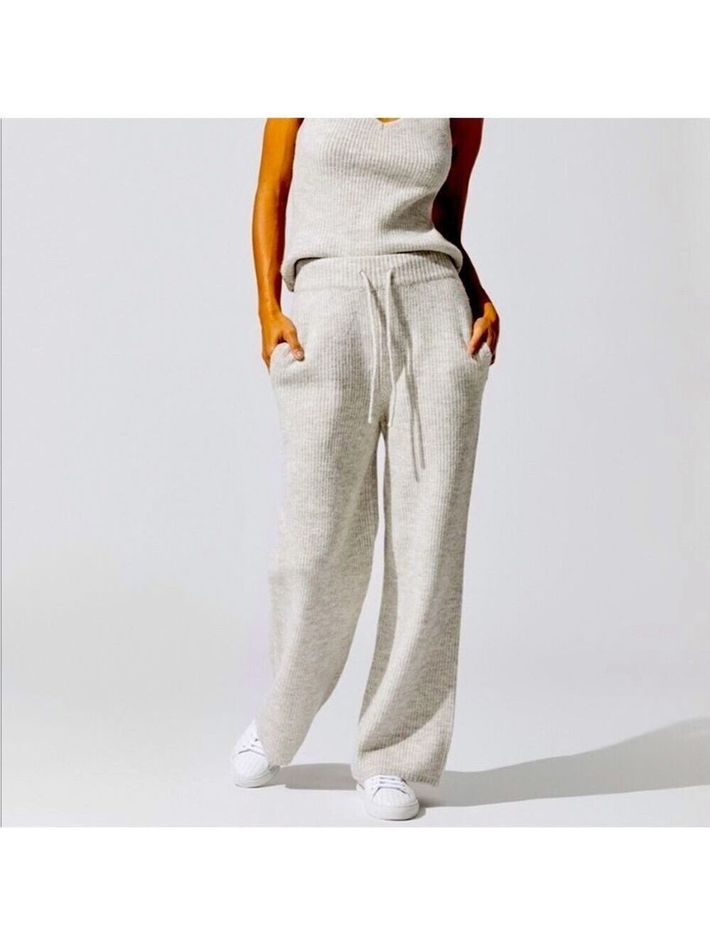 NWT CARBON38 Grey Heather Ribbed Knit SWEATER Loungewear PANTS Athleisurewear